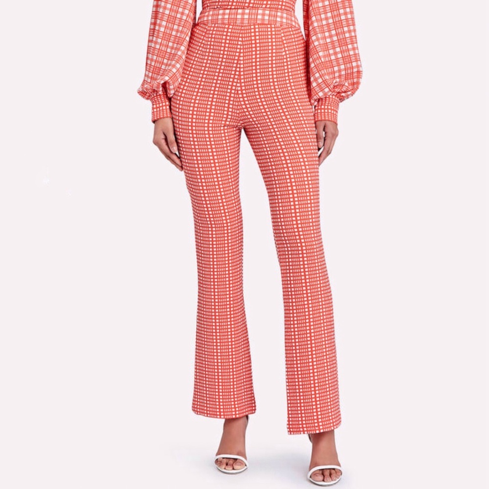 STINE GOYA Orange White plaid gingham print high waist flare Pants - Picture 3 of 16